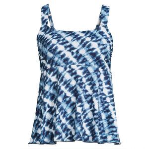 Land's End Plus Size Flutter Tankini Swim Suit Top Navy White Bias Tie Dye XL